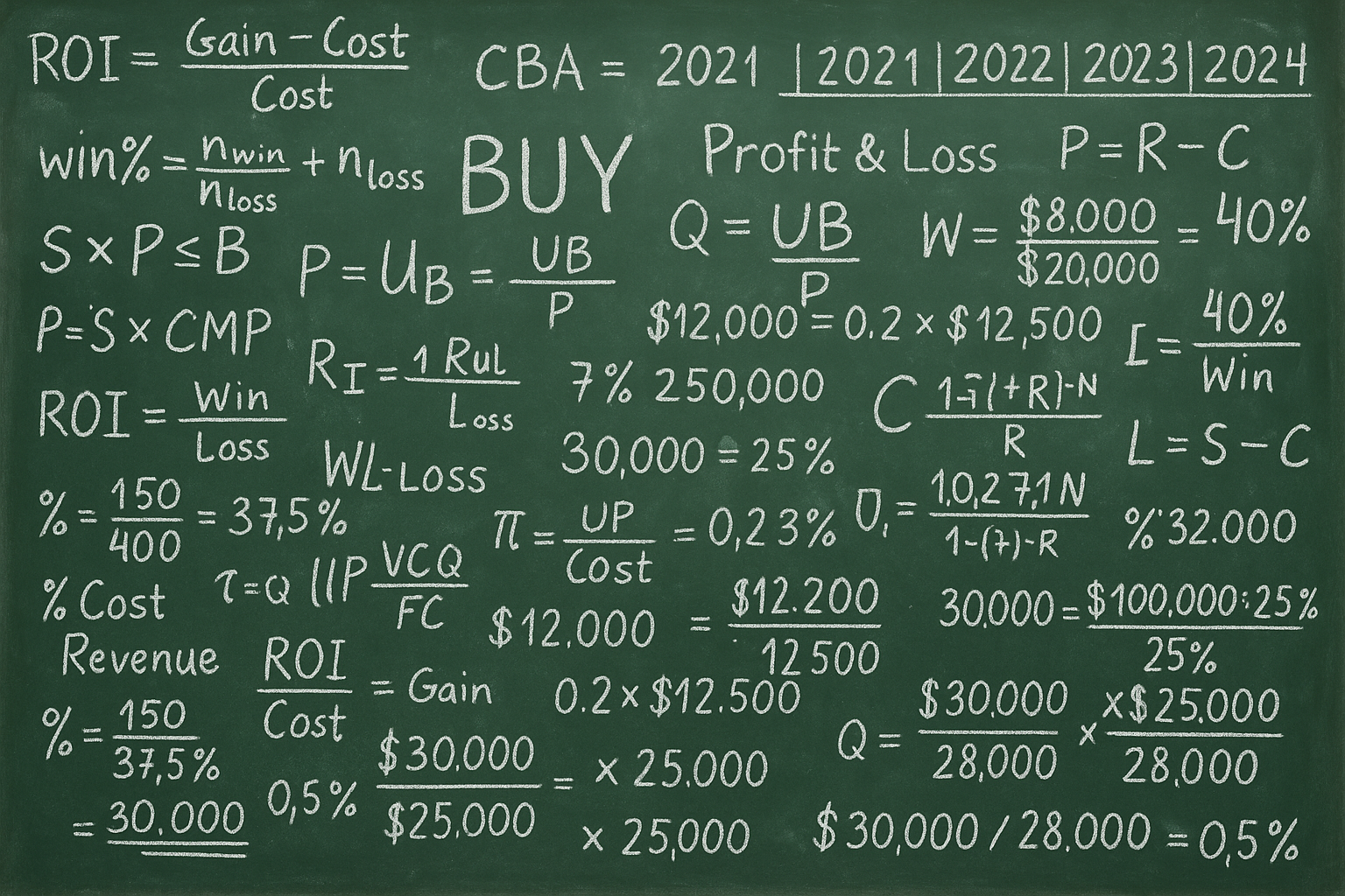 GREEN CHALKBOARD WITH A LOT OF BUYING EQUATIONS AND YEARS AND WINS AND LOSSES