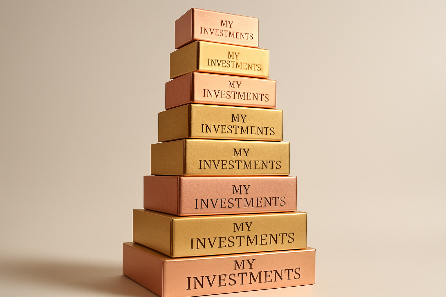 MANY ROSE GOLD AND GOLD BOXES STACKED HIGH LABLED "MY INVESTMENTS"