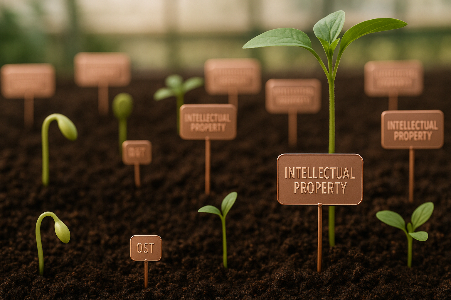 MANY SEED GROWING OUT LABLED INTERLECTUAL PROPERTY WITH ROSE GOLD TAGS