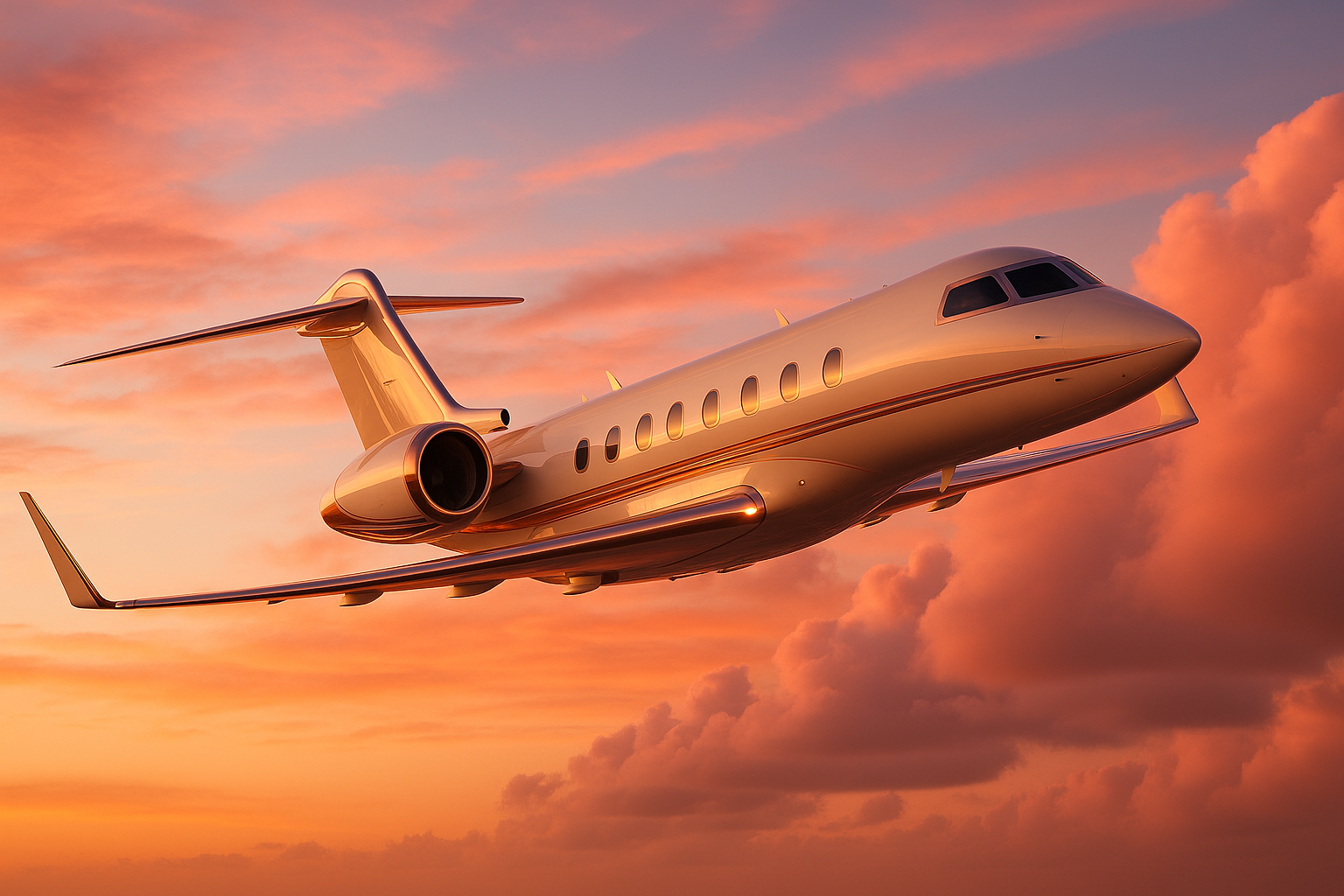 Private jet with rose-gold trim, clouds painted pink by sunset.