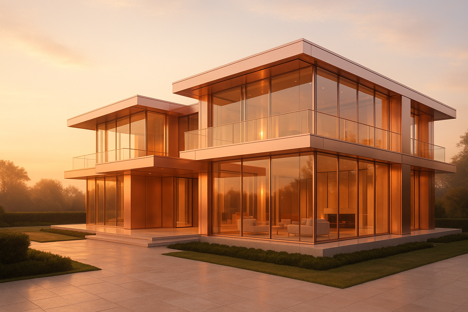 Rose-gold mansion in soft morning light, glass walls glowing like confidence.