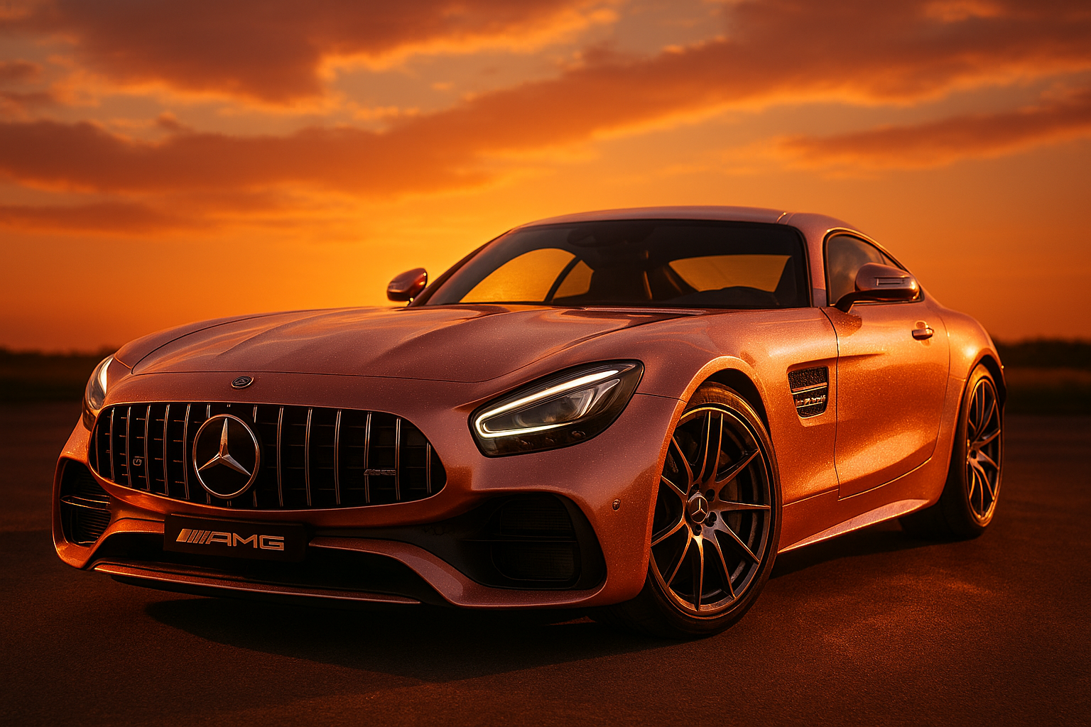 Rose-gold Mercedes AMG under sunset light, with a shimmer reflection