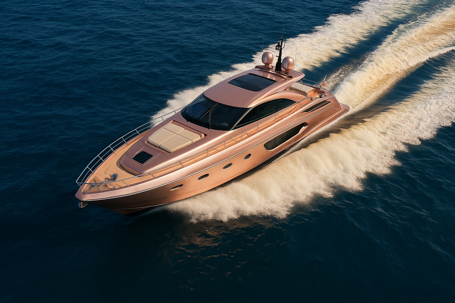 Rose-gold yacht slicing through blue water with champagne foam trailing behind.